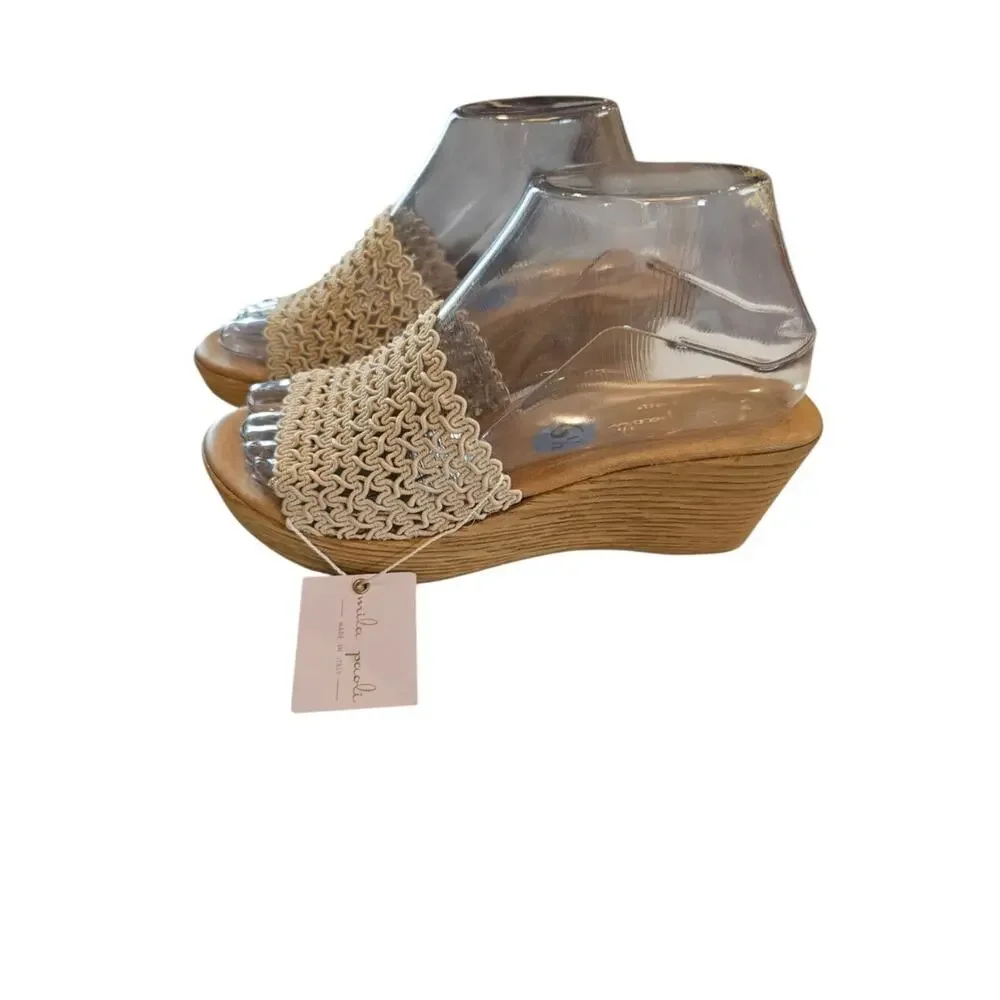 Mila Paoli Cream Colored Woven Rafia Classic Wooden Style Wedge Heel Sandal